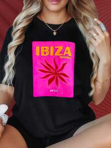 Women's Round Neck, Short-Sleeved T-Shirt With A Fun Print Featuring A Graphic Ibiza, Bohemian, And Spanish Theme. This , Relaxed-Fit Summer T-Shirt Is Perfect For Christmas Parties, Sports Activities, Holiday Parties, Outings, And Other Festive Occasions. A Great Summer Outfit. - 黑色 - 查看 7