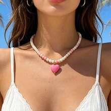 1pc Acrylic Candy Color Beaded Necklace With Heart Pendant, Fashionable Ins Style Choker Necklace For Women - Beaded Heart Necklace - View 3