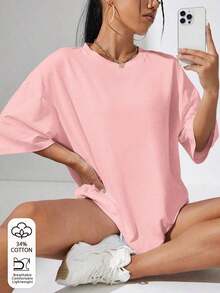 Camiseta de cuello redondo y hombros caídos - Rosa 2 - Ver 6
