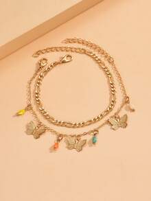 2pcs Women's Butterfly Tassel Gold Chain Layered Anklet Set, Fashionable For Summer Holiday And Daily Wear - Multicolor - View 2