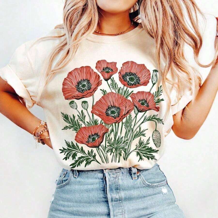 oberteile sommer Poppies Linocut Shirt, Floral Linocut Shirt, Vintage Boho Poppies Tee, Cottagecore Wildflowers T-Shirt, Birthday Gift, 100% Cotton Women Oversized T-Shirts, Women Printed Casual Round Neck Short Sleeve Tee Women Tops, 1pcs Fashion Shirttshirt tops 65594799 - Bianco - Visualizzare 1