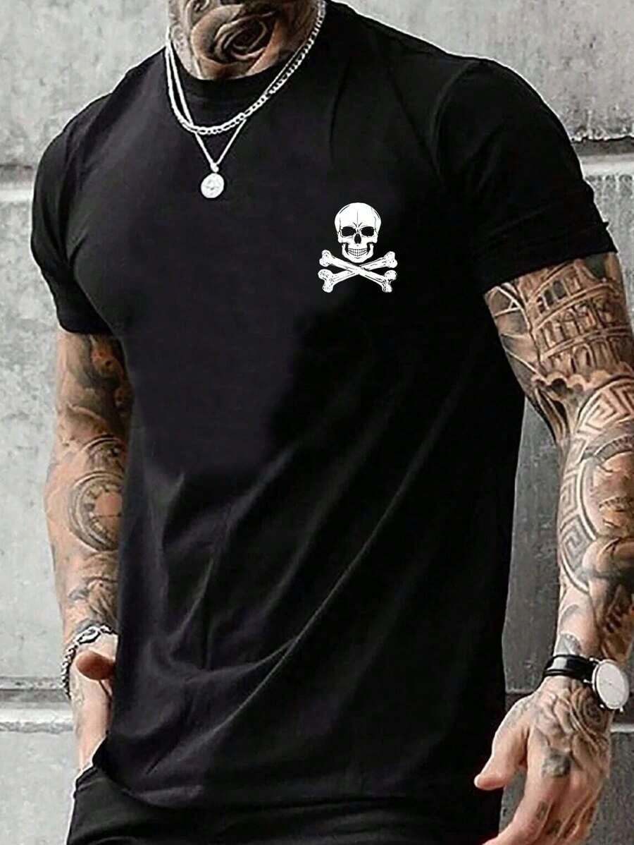 Manfinity VCAY Men's Short-Sleeved T-Shirt With Skull Print, Ideal For Going Out With Friends. - 黑色 - 查看 1