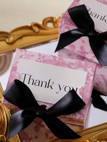 15pcs Rose Themed Thank You Card Gift Box Set, Pink Floral Pattern With Black Ribbon, Party Favor & Return Gift Packaging, Holiday Decor, Metal Commemorative Card, Celebration Theme Design - View 4