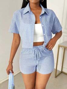 Conjunto de camisa casual de verano para mujer con rayas de manga corta y pantalones cortos con bolsillos - Azul y blanco - Ver 5