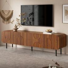 TV Cabinet With 3 Doors, 2 Drawers, Vertical Grooves, Arched Reliefs, Rounded Corners, Metal Legs, Mid-Century Style, Cable Management, Living Room Cabinet, TV Table - 核桃 - 查看 7