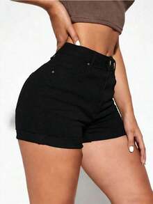Shorts vaqueros casuales con bolsillos y puños para mujer - Negro 2 - Ver 4