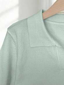 New 2026 Collection: Women's Solid Color Fitted Knit Blouse, Spring/Summer, White, Simple, Casual, With Roll Neck And Raglan Short Sleeves. Solid Color Blouses, Pink Blouses, Baby Pink Blouses. - 綠色 2 - 查看 4