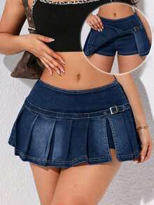 Falda mini de línea A de denim con detalles lavados y plisados de moda para mujer en verano - Azul 3 - Ver 8
