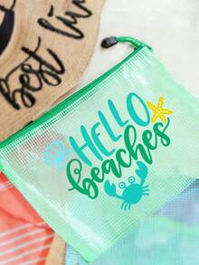 Multi Color Waterproof Fashionable Mesh Beach Bag, Colorful "Beach" Printed Makeup Bag, Crab, Shell Pattern Beach Theme. Large Capacity Transparent Makeup Bag, Nylon Zipper Wash Bag - Lightweight, Can Store Sunscreen, Snacks, Bikinis, And Beach Essentials. Spring And Summer Storage, Durable, Very Suitable For Swimming - Multicolor - View 6