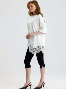 RoseArya 100% Cotton Patch Lace Detail Oversized T-Shirt - White - View 2