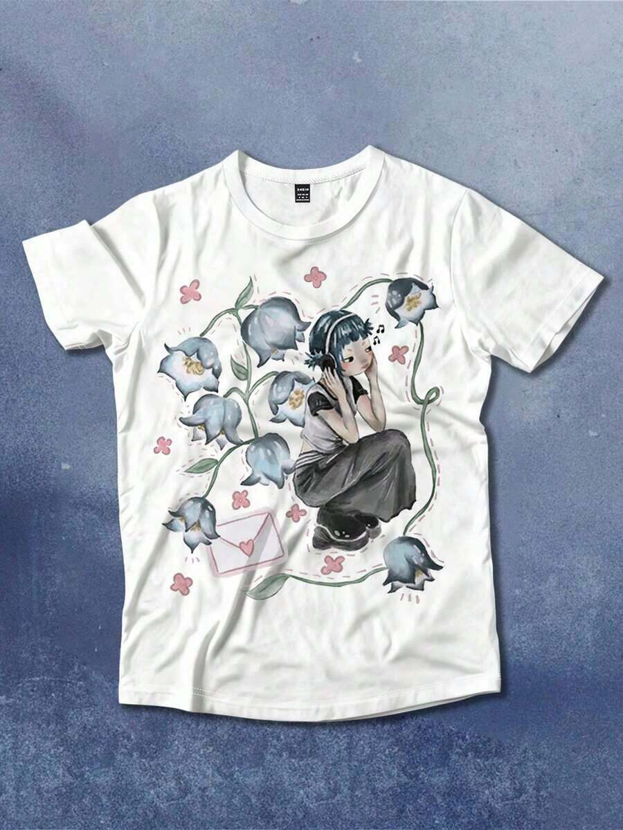Camiseta casual de mujer de manga corta y cuello redondo con estampado floral y de personajes de dibujos animados-Vintage Street Style Unisexoose Cotton Short Sleeve Crew Neck T-Shirt - Blanco - Ver 1