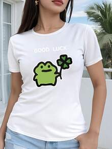 Women's Short Sleeve Regular Fit - Cute 2D Geometric Frog And Clover Print Casual Crew Neck T-Shirt, Versatile For All Seasons, Multiple Colors And Sizes Available, Festive Fashion Retro Aesthetic, Breathable Material, Fun Print - 白色 - 查看 6