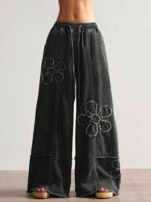 Jeans de pierna ancha de unicolor casual para mujer - Negro - Ver 5
