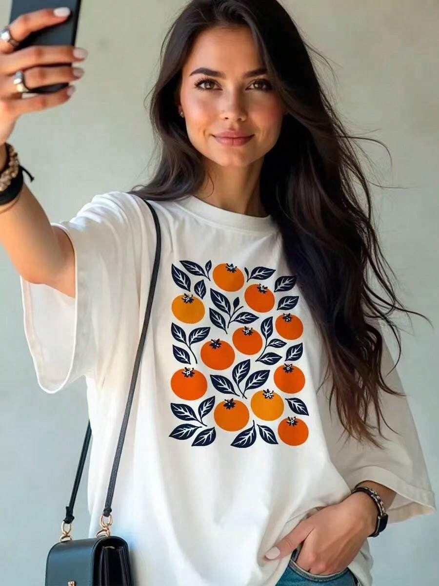 Camiseta de manga corta de algodón puro con estampado naranja, estilo americano, única, moderna, versátil y casual para uso diario. - Blanco - Ver 1