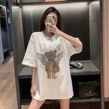 Women's Summer Loose Fit Short Sleeve T-Shirt, 200g, Pure Cotton, Custom Fashion Brand With Durable Rhinestone Bear Design, Plus Size. - White - View 10