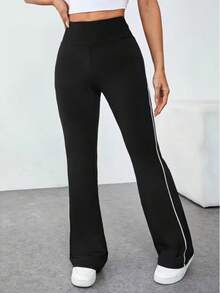 Women's Casual Sports Commuting Contrast Piping Flare Pants - Black - View 3