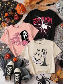 Single Garment Pack, Not A 3-Piece Set, 1 Piece/Set Of Long-Sleeved T-Shirts Suitable For Streetwear, Oversized Round Neck Top For Daily Outings, Camping, Concerts, Hip-Hop, Rock, And Rap Events, Printed T-Shirts For Women, Straight Cut, Short Sleeves, Round Neck, Halloween T-Shirt - 黑色 - 查看 7