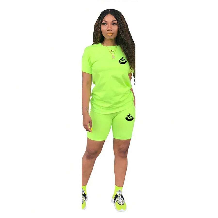 Conjunto Deportivo de Verano para Mujer, Camiseta y Pantalones Cortos Casuales de 2 Piezas, Ropa Deportiva para Correr al Aire Libre, Conjuntos Cómodos Más Vendidos - Verde - Ver 1