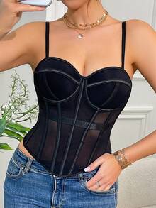 RAHQ Áo croptop nữ màu đen xuyên thấu bằng vải lưới, dây đeo có thể điều chỉnh, cổ áo hình trái tim, eo khoét xương, thích hợp mặc mùa hè. - màu đen - Xem 3
