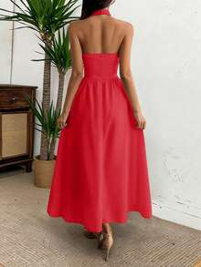 Đầm midi cổ yếm thanh lịch mùa hè Unadoll dành cho nữ, lưng hở, dáng chữ A, chất liệu pha linen, có túi, thích hợp cho kỳ nghỉ và tiệc brunch, màu đỏ. - Đỏ - Xem 11
