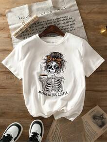 Summer Tops: Mom Wants A Coffee-Themed Halloween T-Shirt With A Skull Print, Perfect For Casual And Festive Outfits For Women, Short Sleeves, Cotton T-Shirt. - 白色 - 查看 2