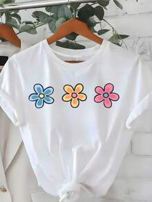 Summer T-Shirt For Women, Adorned With A Three-Flower Pattern, Black And White Colour, Regular Fit, Comfortable And Stretchy, Short-Sleeved Design, Casual Style, Ideal For Everyday Summer Wear, Travel And Leisure. - White - View 1