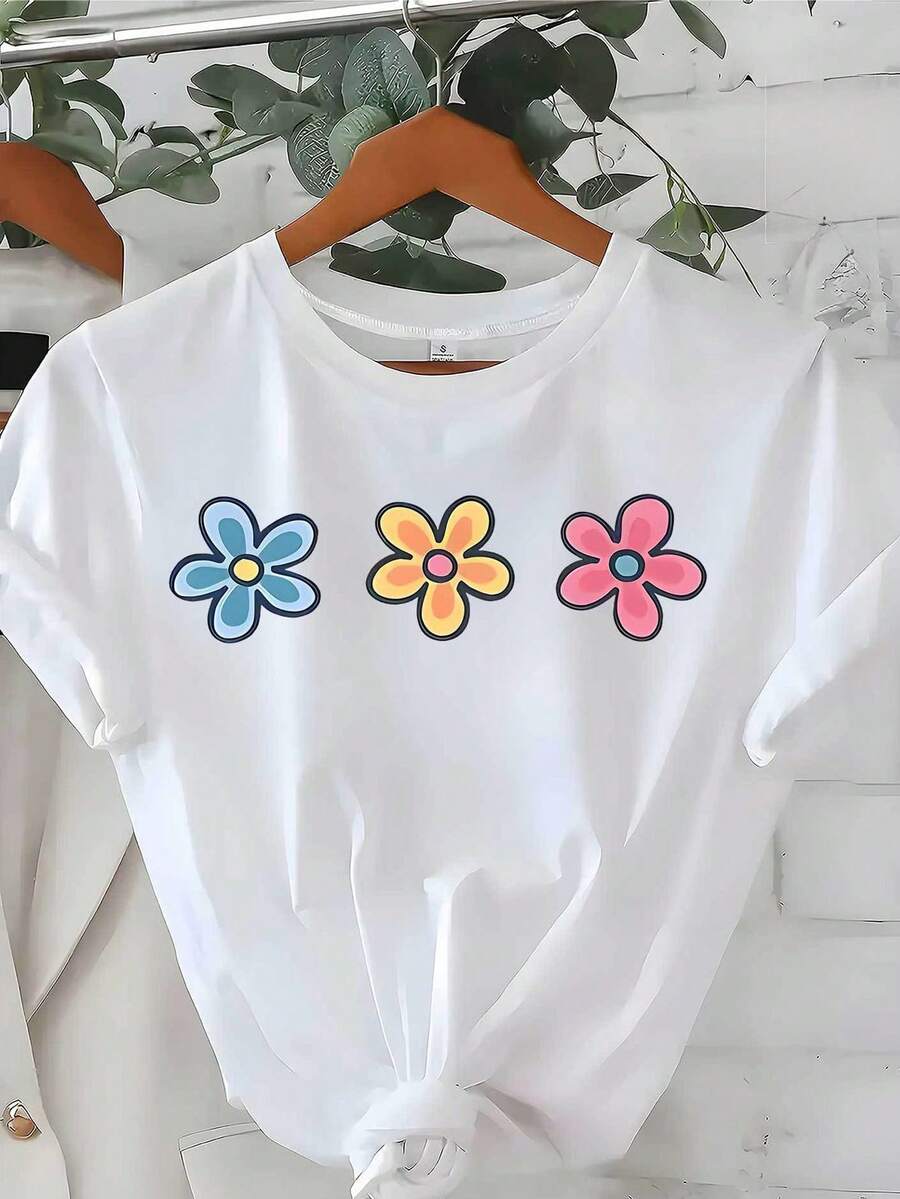 Summer T-Shirt For Women, Adorned With A Three-Flower Pattern, Black And White Colour, Regular Fit, Comfortable And Stretchy, Short-Sleeved Design, Casual Style, Ideal For Everyday Summer Wear, Travel And Leisure. - White - View 1