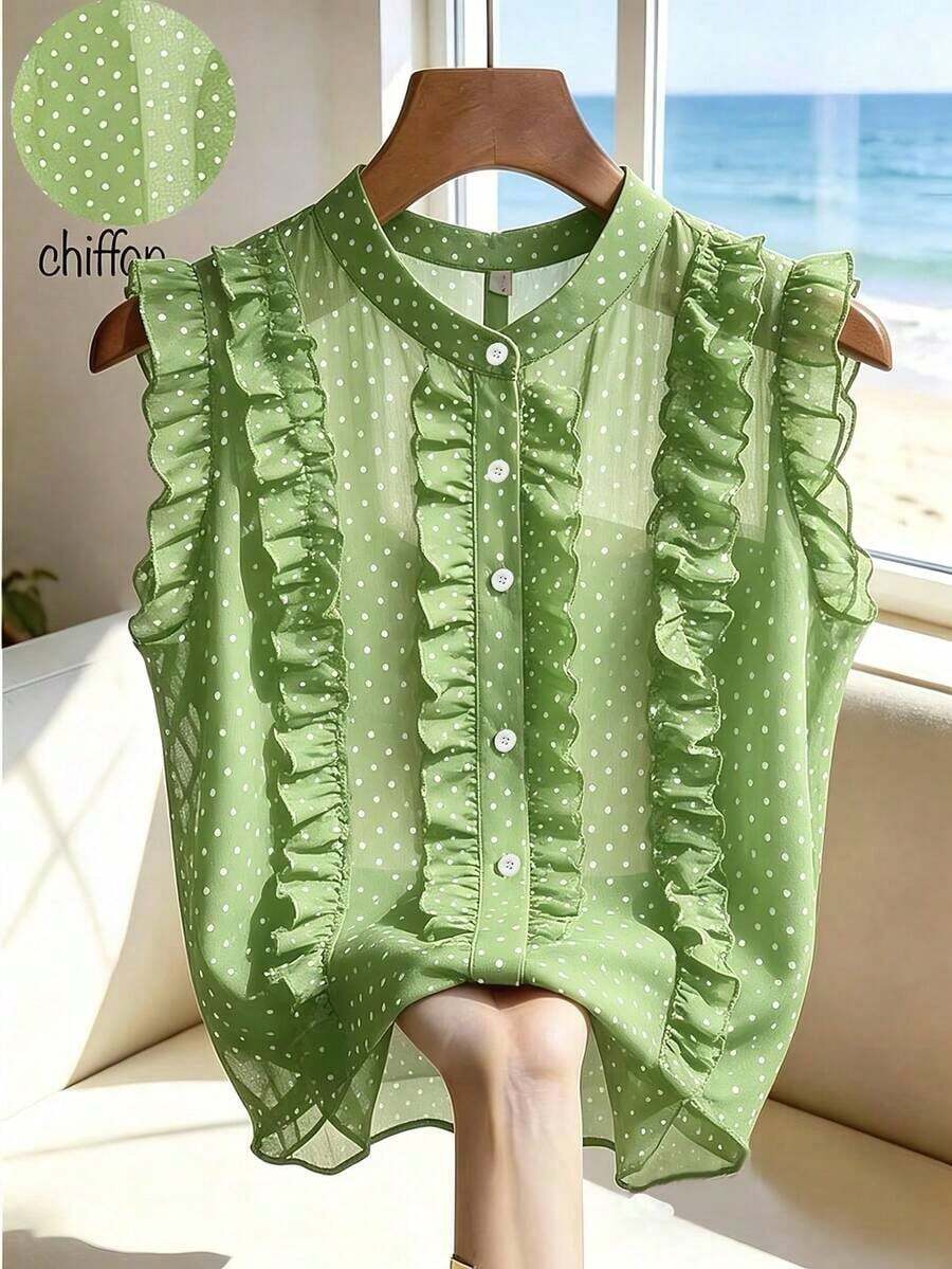 Blusa de mujer de gasa negra con lunares, elegante y romántica con volantes en el bajo - Verde Oliva - Ver 1
