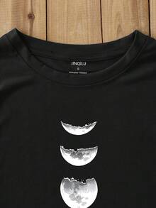 Women's 100% Cotton T-Shirts 2026 Moon Print Crew Neck T-Shirt, Casual Short Sleeve T-Shirt For Spring And Summer, Korean Style Women's Clothing - Black - View 4