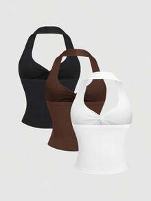 Camiseta de gasa con cuello trenzado y plisados, versátil y minimalista, estilo Y2K sexy - Multicolor 5 - Ver 2