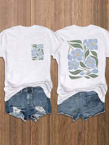 1 Pieza de Camiseta de Moda Casual para Hombres y Mujeres, Estampado Floral Azul Vintage, Camiseta de Manga Corta para Mujer, Camisetas Gráficas, Tops para Mujer. Versátil, fácil de combinar, adecuada para uso diario, estilo urbano, ropa de vacaciones, ropa de fin de semana. - Blanco - Ver 1