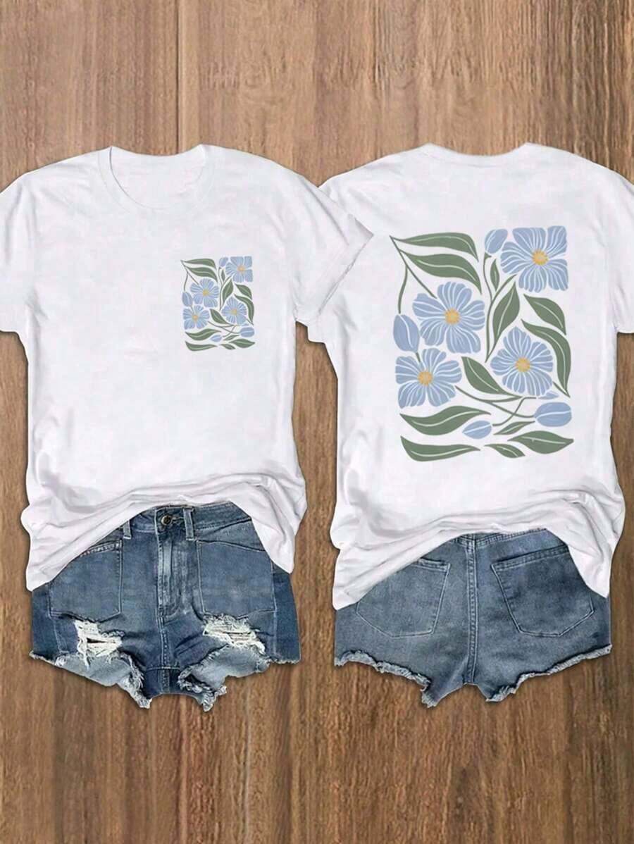1 Pieza de Camiseta de Moda Casual para Hombres y Mujeres, Estampado Floral Azul Vintage, Camiseta de Manga Corta para Mujer, Camisetas Gráficas, Tops para Mujer. Versátil, fácil de combinar, adecuada para uso diario, estilo urbano, ropa de vacaciones, ropa de fin de semana. - Blanco - Ver 1