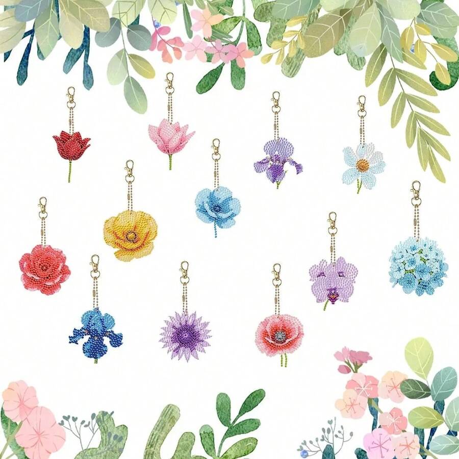 12件套DIY花卉钻石画钥匙扣套装 - 色彩鲜艳的双面手工亚克力吊坠，独特的钻石形状 - 非常适合家居装饰、花园装饰、派对礼品、背包配件 | 装饰钥匙扣 | 多种形状，钻石画套装 - 查看 1