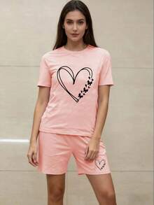 Conjunto de pijama de 2 piezas para mujer, camiseta de manga corta y pantalones cortos con estampado de corazón y mariposa, ropa de dormir de algodón suave, S-XL - TF030A - Ver 1