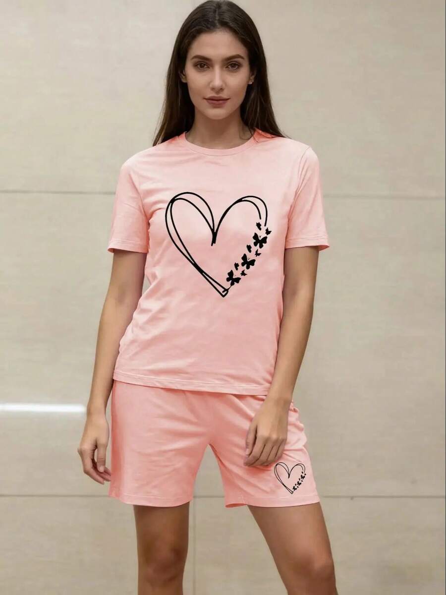 Conjunto de pijama de 2 piezas para mujer, camiseta de manga corta y pantalones cortos con estampado de corazón y mariposa, ropa de dormir de algodón suave, S-XL - TF030A - Ver 1
