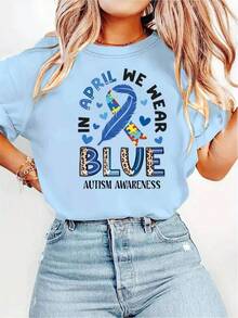 Usamos camisetas estampadas en azul para promover la conciencia sobre el autismo, camisetas casuales de manga corta con cuello redondo, ropa de mujer. - Multicolor - Ver 3
