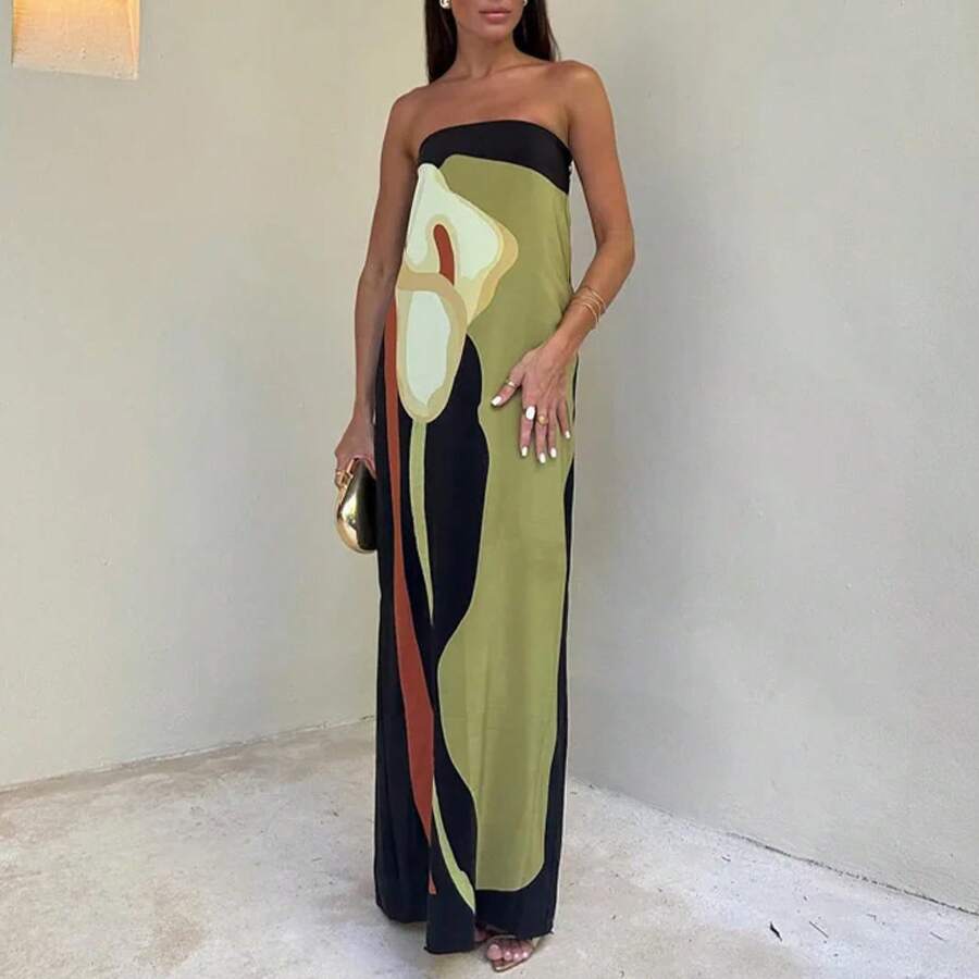 Spring New Fashion Sexy Strapless Off Shoulder Backless Printed Dress
