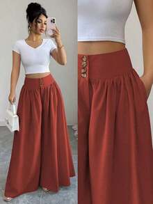Nuevos pantalones anchos de mujer de estilo casual y elegante con diseño de hebilla floral, pantalones largos de lino de color caqui adecuados para primavera/verano, Acción de Gracias, Halloween, pantalones anchos y sueltos versátiles, pantalones - Rojo - Ver 1