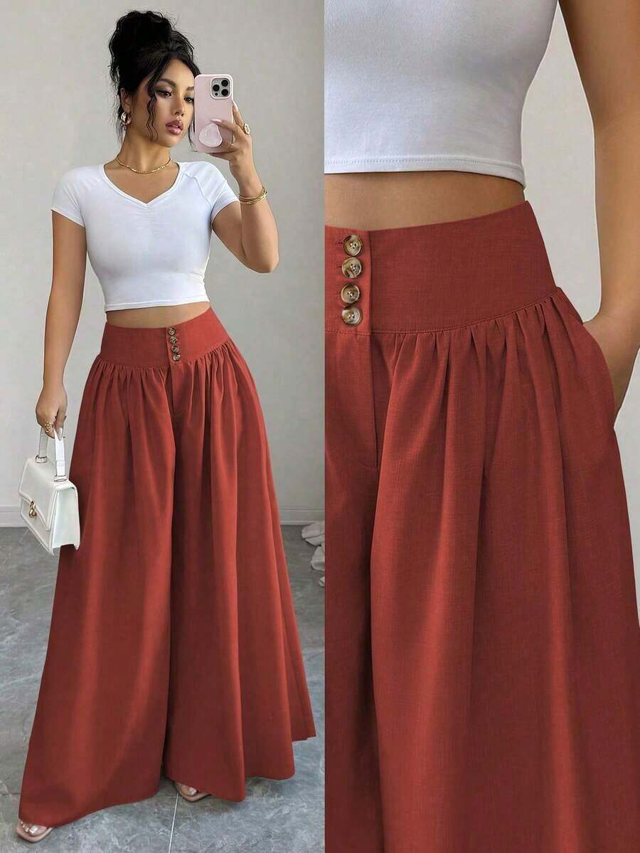 Nuevos pantalones anchos de mujer de estilo casual y elegante con diseño de hebilla floral, pantalones largos de lino de color caqui adecuados para primavera/verano, Acción de Gracias, Halloween, pantalones anchos y sueltos versátiles, pantalones - Rojo - Ver 1
