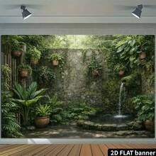 2D Flat Stone Wall Bamboo Forest Waterfall Backdrop, Ivy Green Plants Ceramic Pot Moss Rocks Aquatic Scene, Natural Mori Style, High Definition Printing, Polyester Material, No Power Required, Suitable For Indoor And Outdoor Use - 27 - View 5