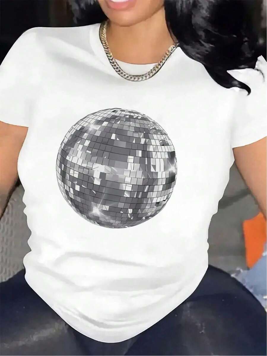 Camiseta de poliéster de manga corta con diseño de bola de discoteca para fiestas, duradera y ligera, ideal para discotecas o bares, material de tela cómodo, aspecto elegante y de moda para uso diario - [Blanco] - Ver 1