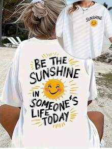 Camiseta de manga corta casual para mujer, ideal para vacaciones de verano [Estampado a doble cara] - Estampado "Be Someone's Sunshine Today" en ambos lados, top casual transpirable con cuello redondo, adecuada para primavera, verano y otoño, lavable a máquina, ropa casual cómoda, camiseta con estampado divertido, ropa con temática de sol, camiseta de tela suave. - Blanco - Ver 6