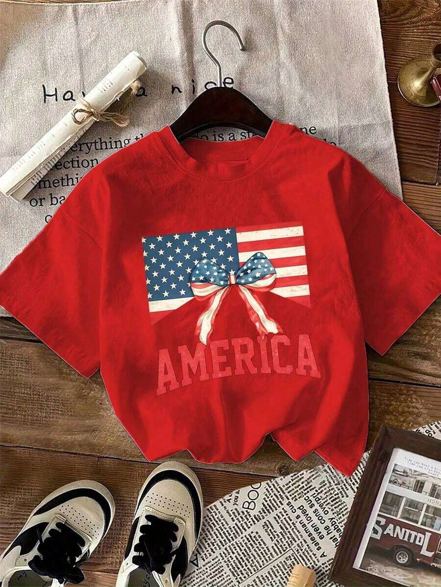 1 Pack Of Printed Short Sleeve Crew Neck T-Shirts For Girls, Casual Summer Clothes For Students And Young People - Unisex Urban Vintage Style, Loose Fit Cotton Crew Neck Short Sleeve T-Shirt - 紅色4 - 查看 1