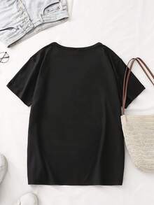 "I Heart Mexico" Graphic Print T-Shirt, Casual Short Sleeve Round Neck Top, Women's Knit T-Shirt In Polyester And Spandex Blend, Versatile And Comfortable Garment For All Seasons, Y2k T-Shirt. - 黑色 - 查看 3
