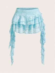 ICON Minifalda con short de  para prevenir la exposición, de talle bajo, estilo vacacional, informal, sexy, de encaje blanco con volantes en el bajo - Celeste - Ver 1