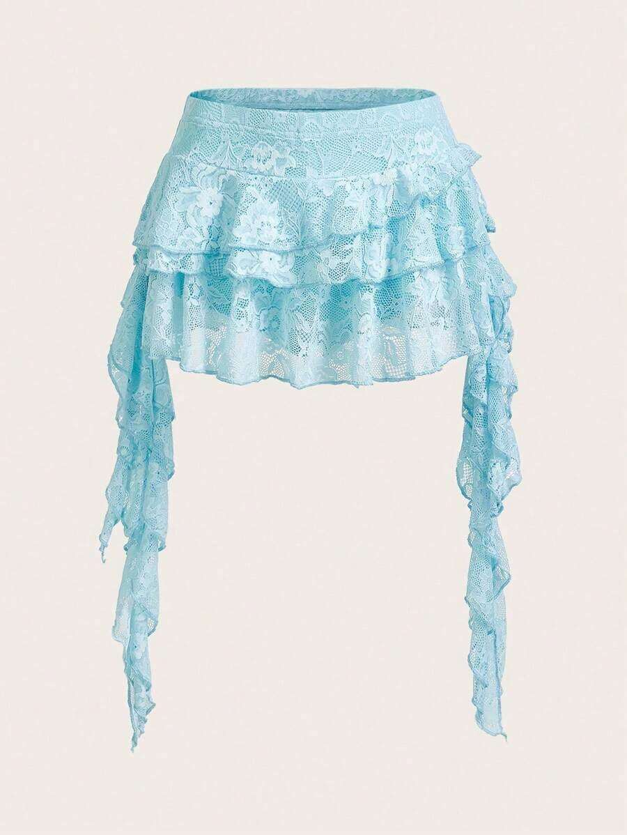 ICON Minifalda con short de para prevenir la exposición, de talle bajo, estilo vacacional, informal, sexy, de encaje blanco con volantes en el bajo - Celeste - Ver 1