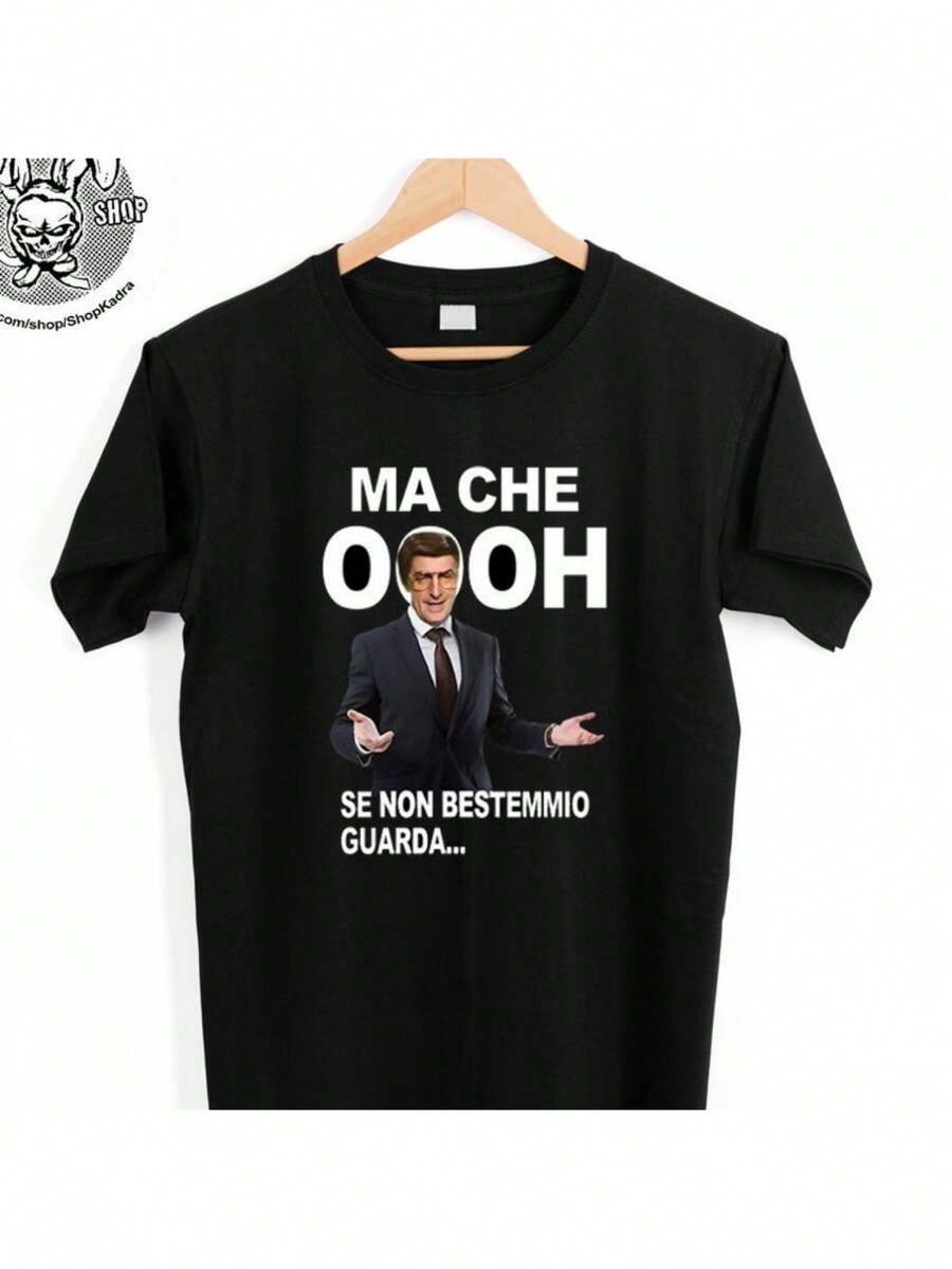 Germano Mosconi Men's T-Shirt With A Funny Italian Phrase - MA CHE OO & SE NON BESTEMMO GUARDA... Printed, Black With White Text, Bohemian Style Round Neck, Casual Wear For All Seasons, Regular Fit, Non-Stretch Fabric For Everyday Humor And A Loose And Comfortable Summer Style. - Black - View 1