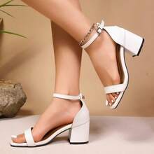 Giày sandal cao gót dự tiệc cưới mùa hè, kiểu dáng gợi cảm, quai cài, mũi vuông, chất liệu da mềm, gót dày, màu trắng, sandal cao gót tối giản thanh lịch dành cho nữ. - trắng - Xem 3