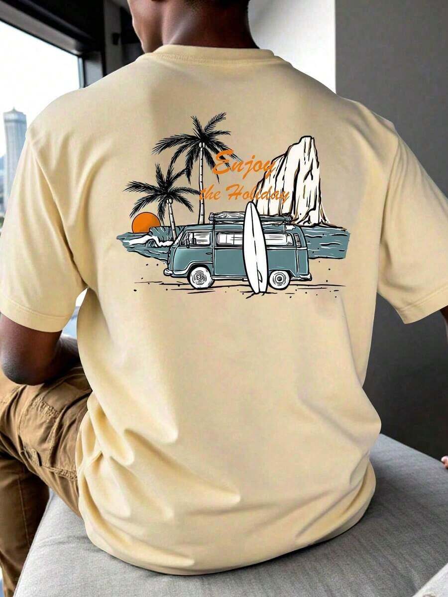 Manfinity RSRT Camiseta de manga corta de verano con estampado de playa y vacaciones en la parte trasera para hombre Manfinity Chillmode - Albaricoque 2 - Ver 1