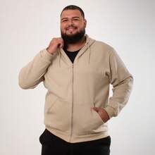 Men's Plus Size Tracksuit With Zipper, Flannel Lining, Hood, And Pocket - Comfortable - Beige - View 1